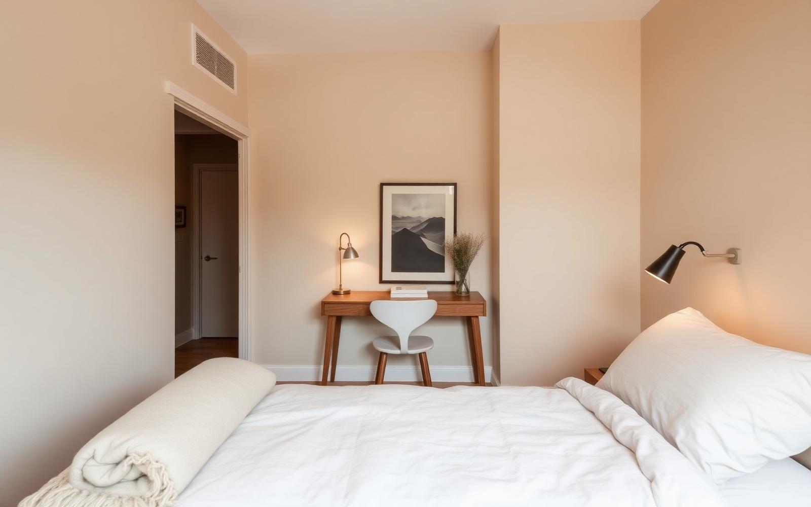 Multifunksjonelt gjesterom i sand-beige med skrivebord – Intyria