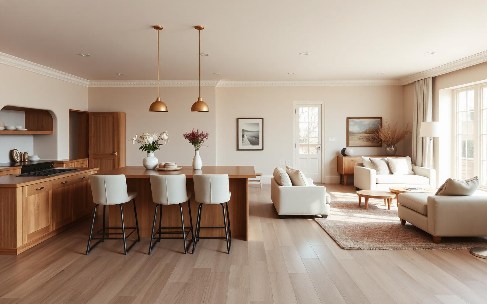 Åpen løsning med stue og kjøkken i én sand-beige palett – Intyria