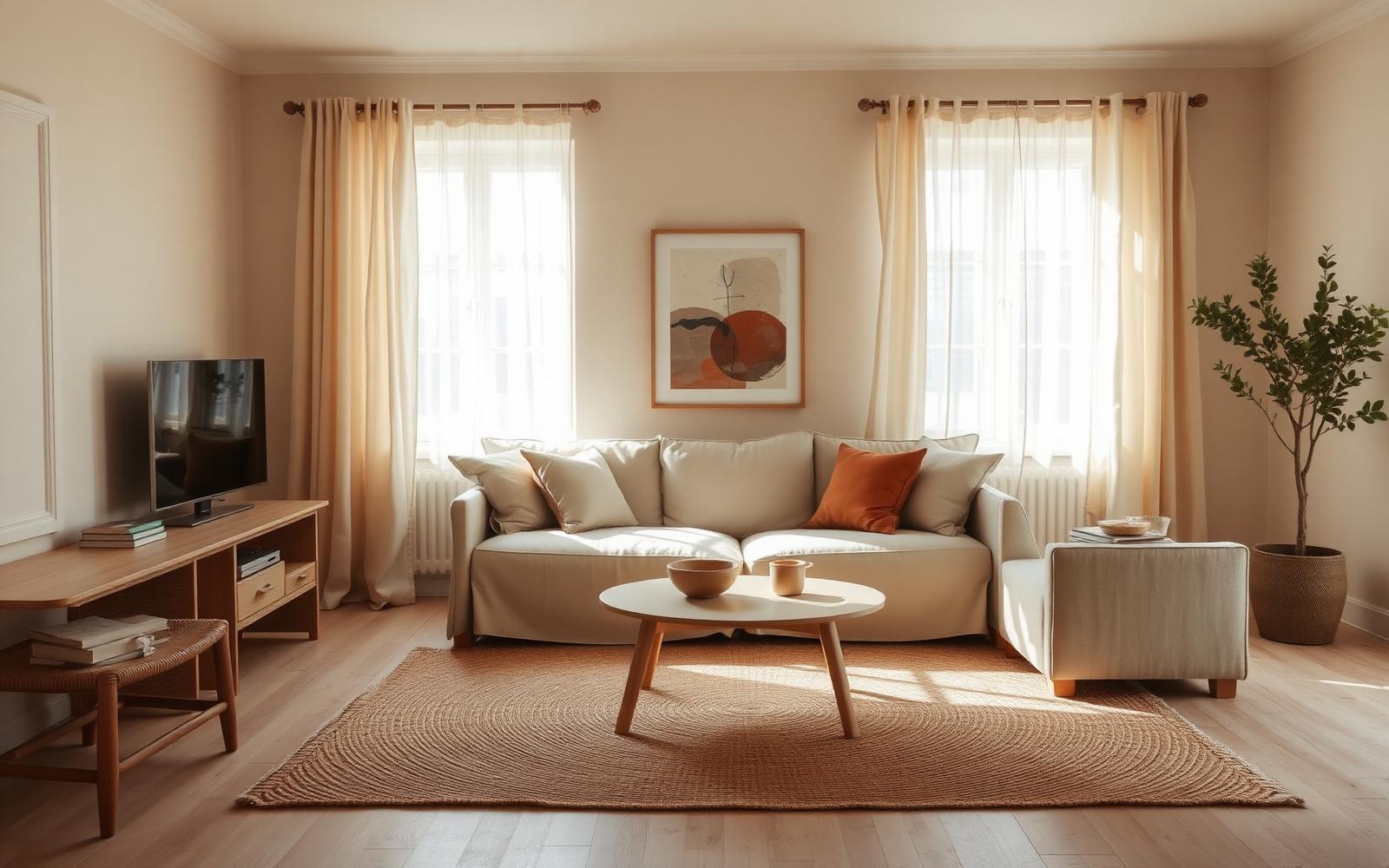 Skandinavisk stue i sand-beige palett med eik og lin – Intyria