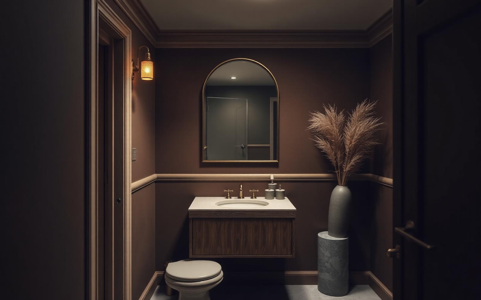 Elegant gjestetoalett med mørke vegger og brass-detaljer – Intyria