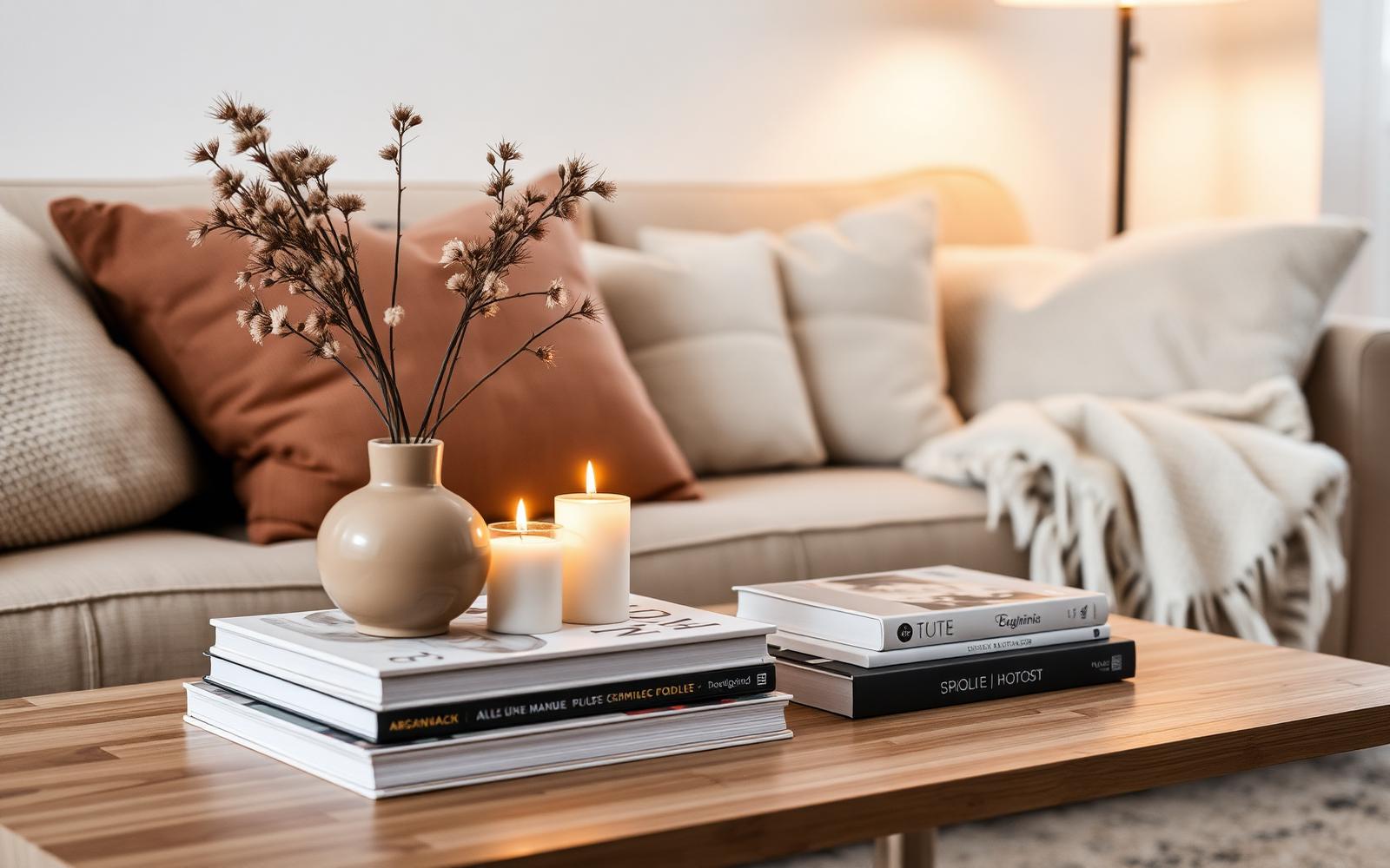 Stylet salongbord med vase, bøker og lys foran en beige sofa med puter – Intyria