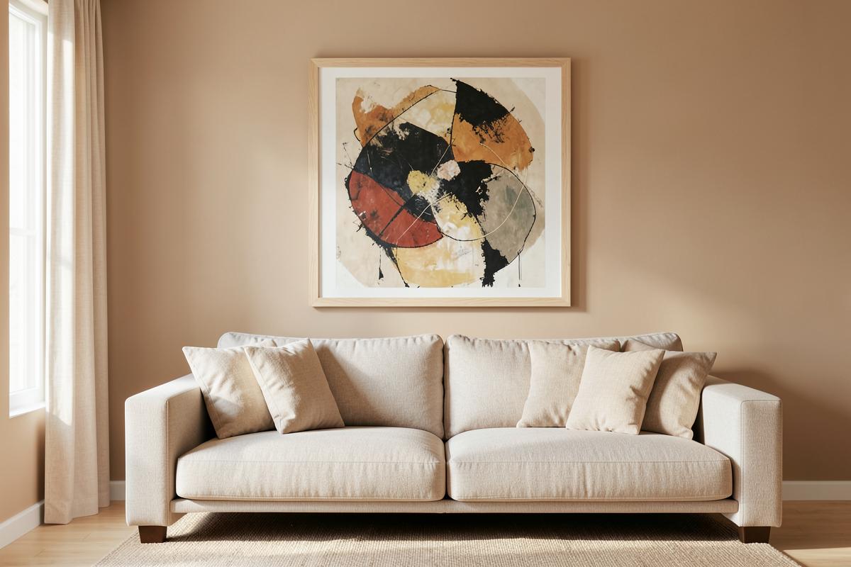 Ett stort abstrakt bilde i eikeramme over en beige sofa