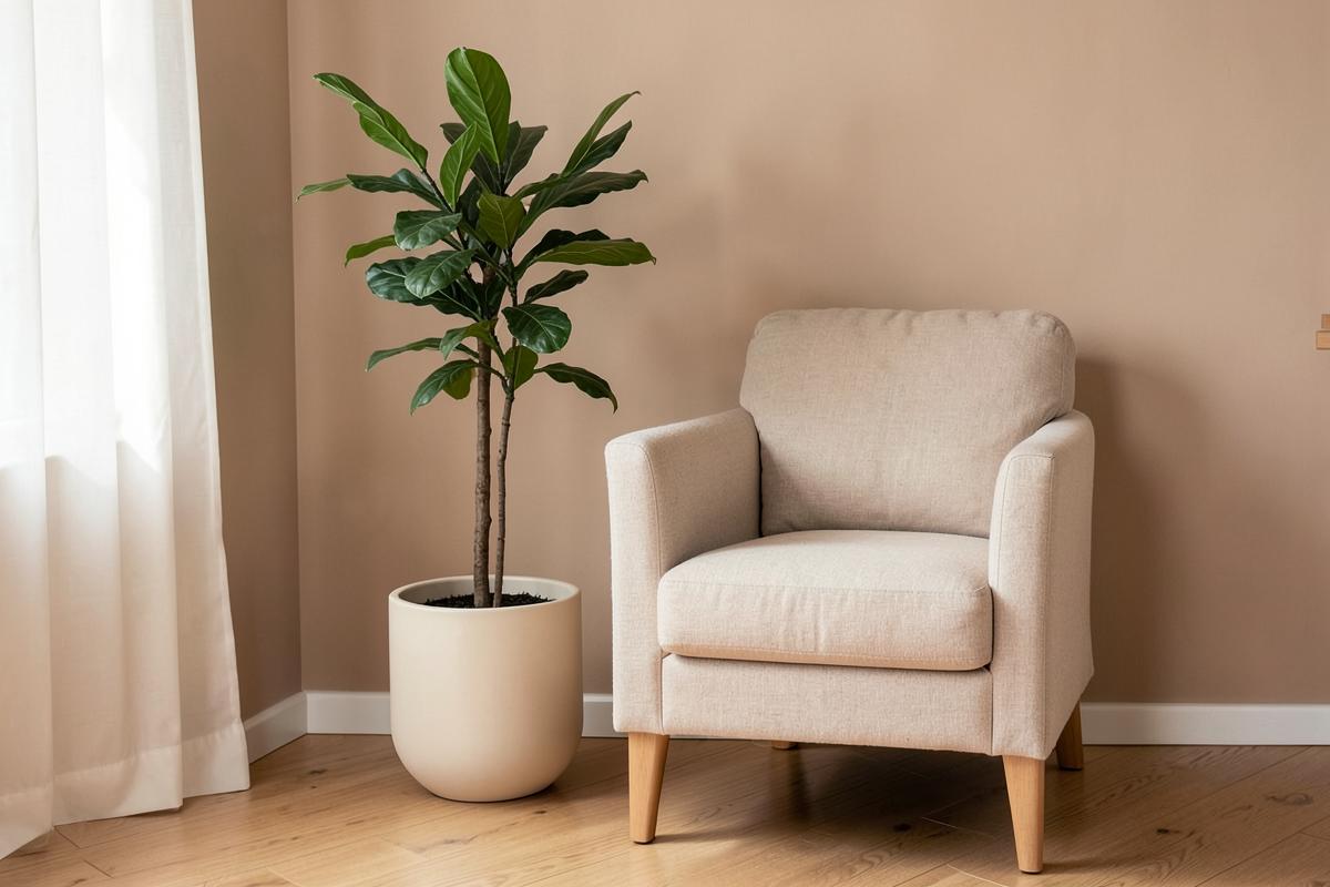 Én høy grønn plante i kremhvit potte ved en beige lenestol