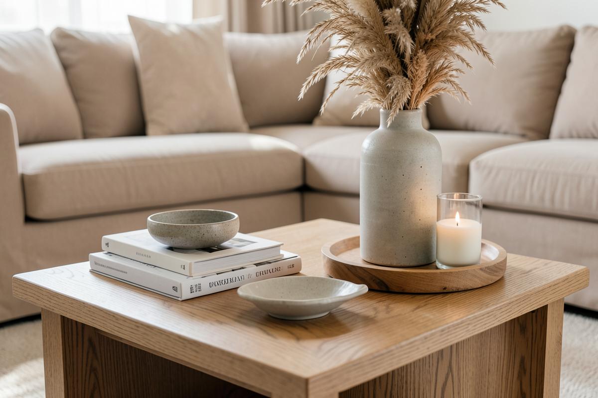 Stylet eikebord med bøker, keramikkskål, vase med tørkede gress og et lys på brett