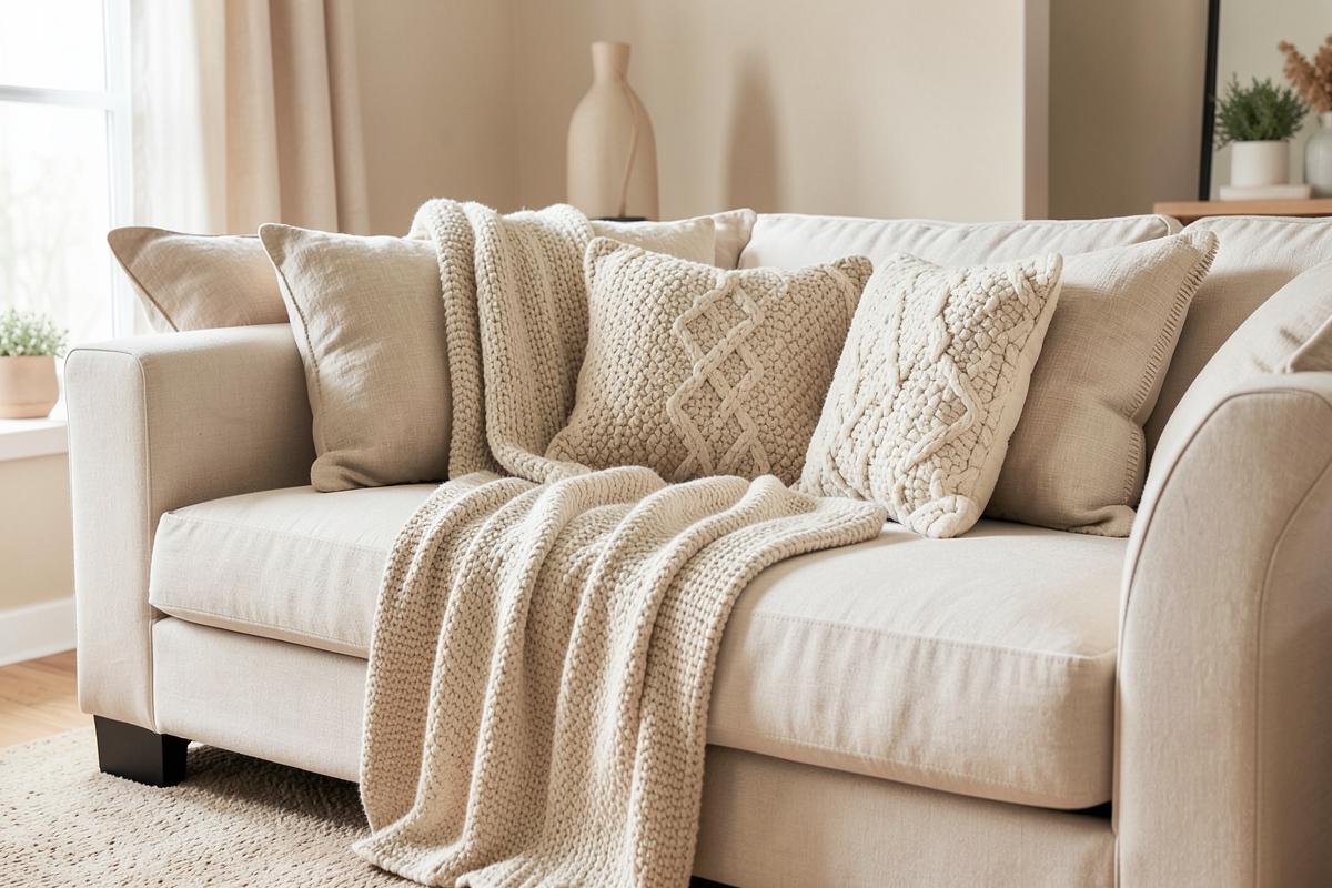 Kremhvit sofa med puter i lin, bouclé og strikk i samme palett