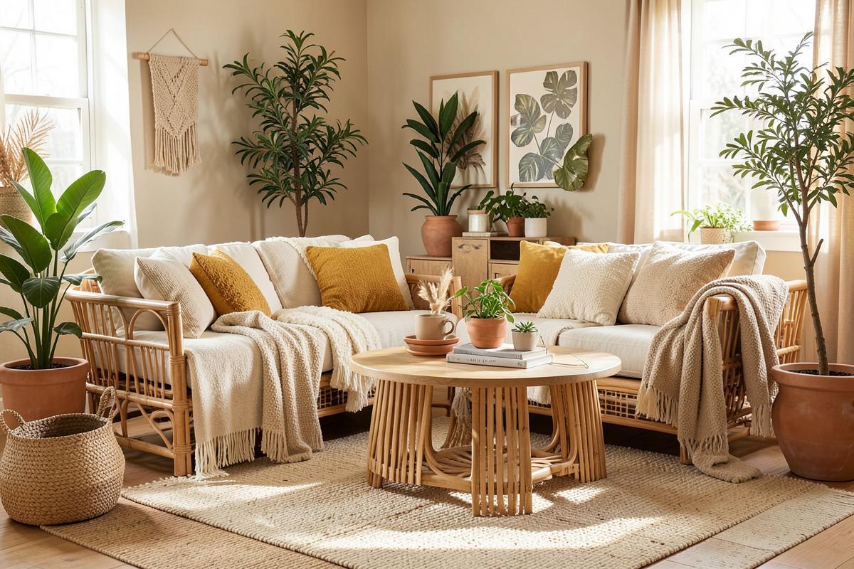 Light boho living room with rattan, jute, plants and warm earth tones
