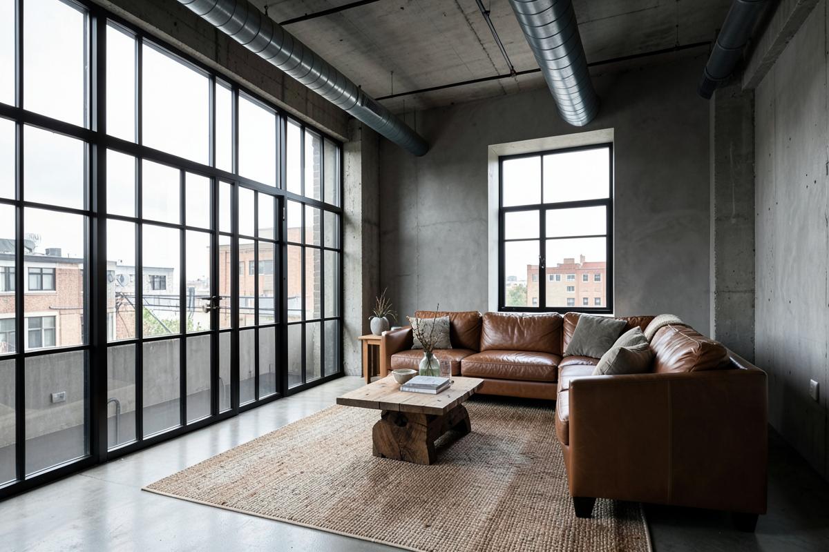 Industrial loft living room with black metal, concrete, raw wood and a brown leather sofa