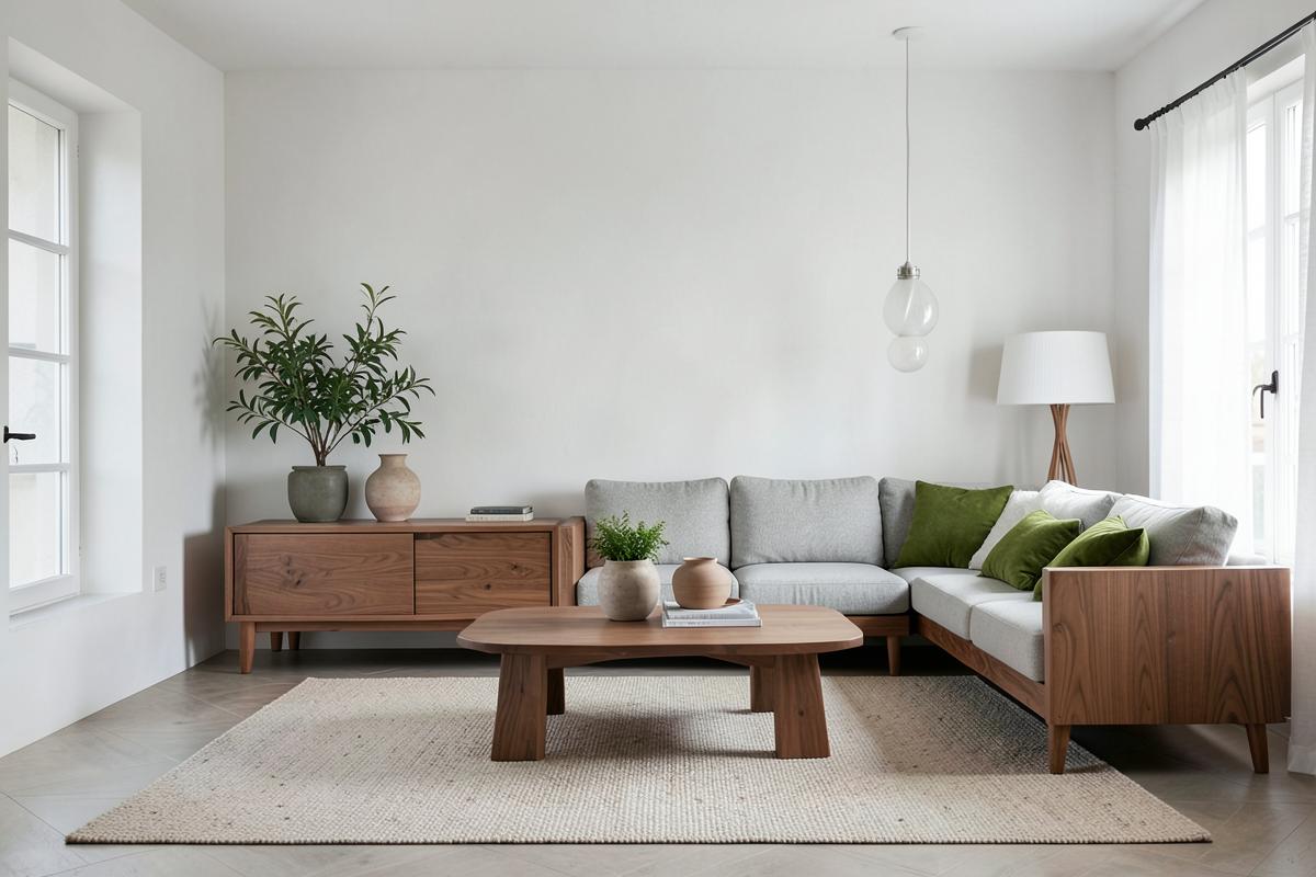 Japandi living room with low walnut furniture, chalk white walls and handmade ceramics