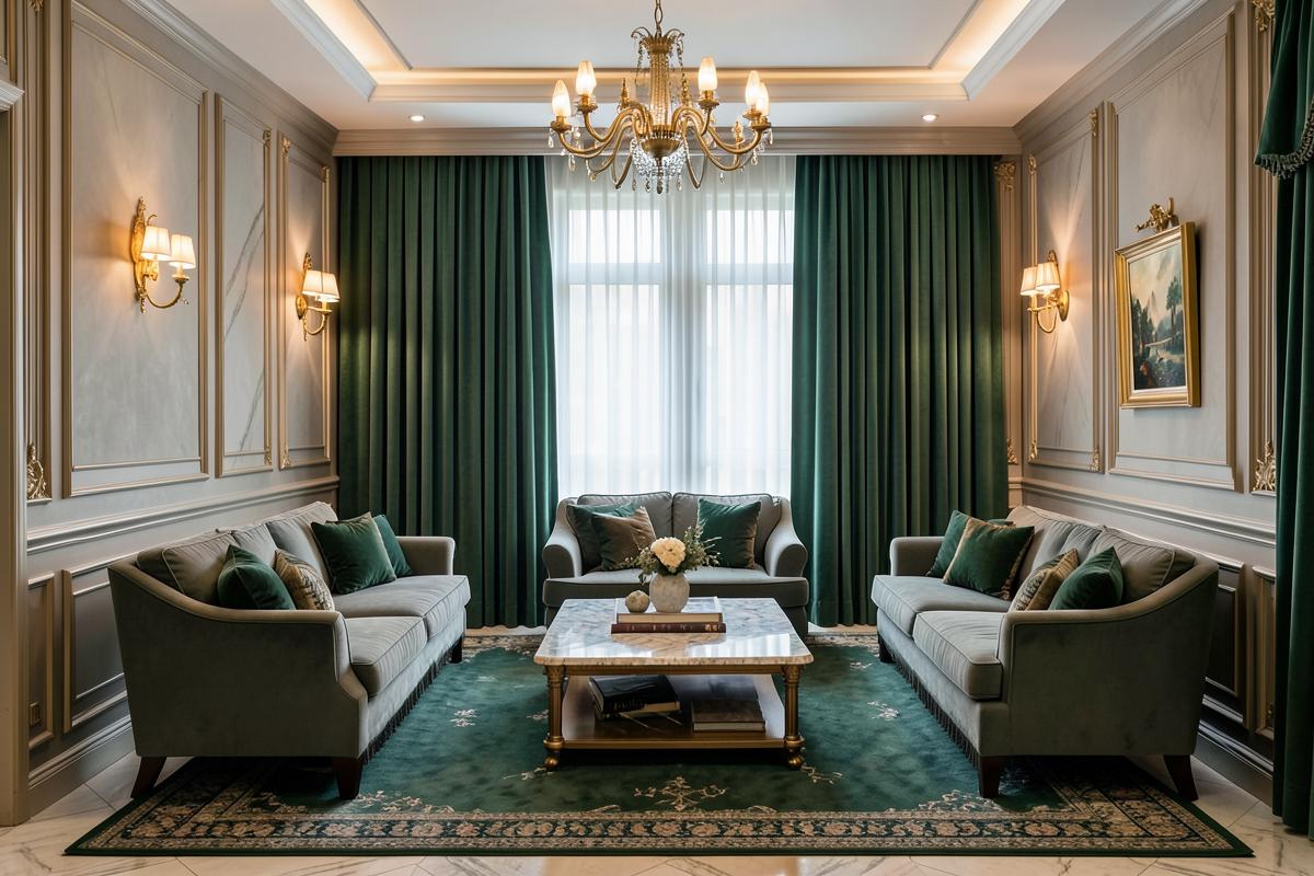 Classic elegant living room with panelling, heavy curtains, brass and marble