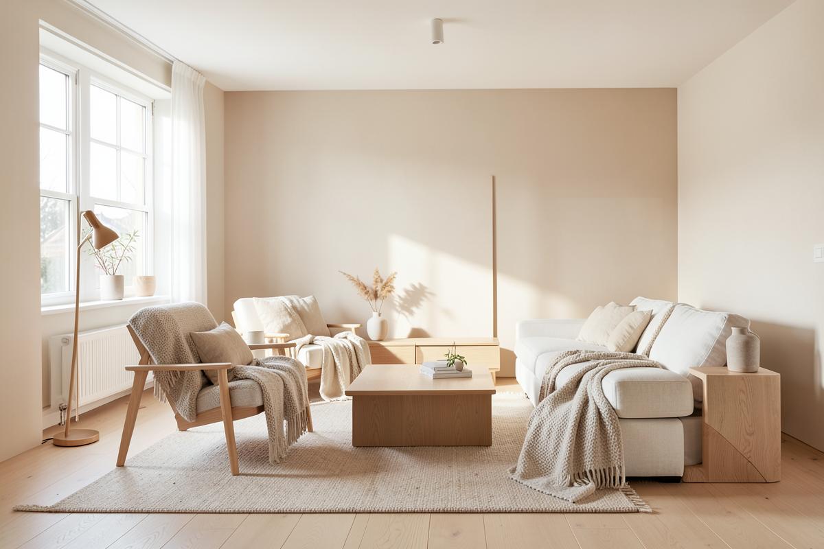 Scandinavian living room in sand beige and light oak with few pieces and plenty of textiles