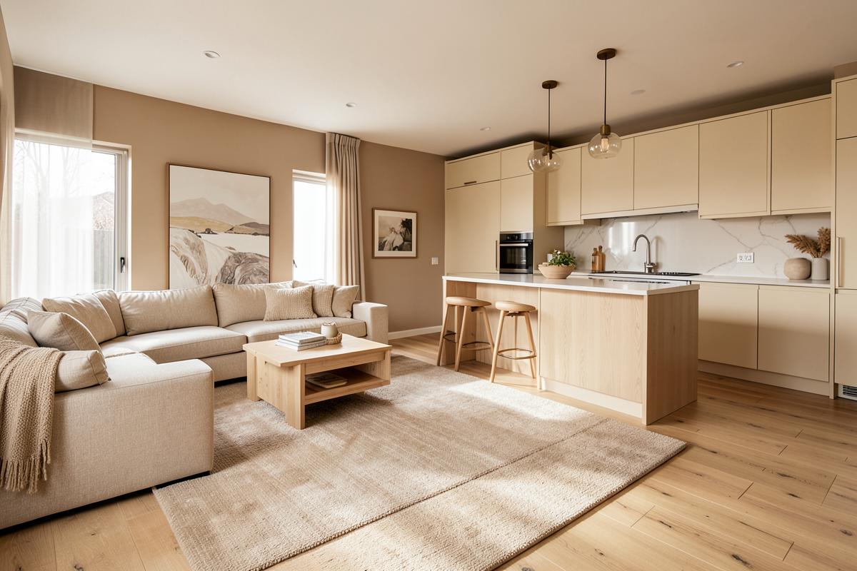 Open-plan living room and kitchen where a rug and an island mark the transition between zones