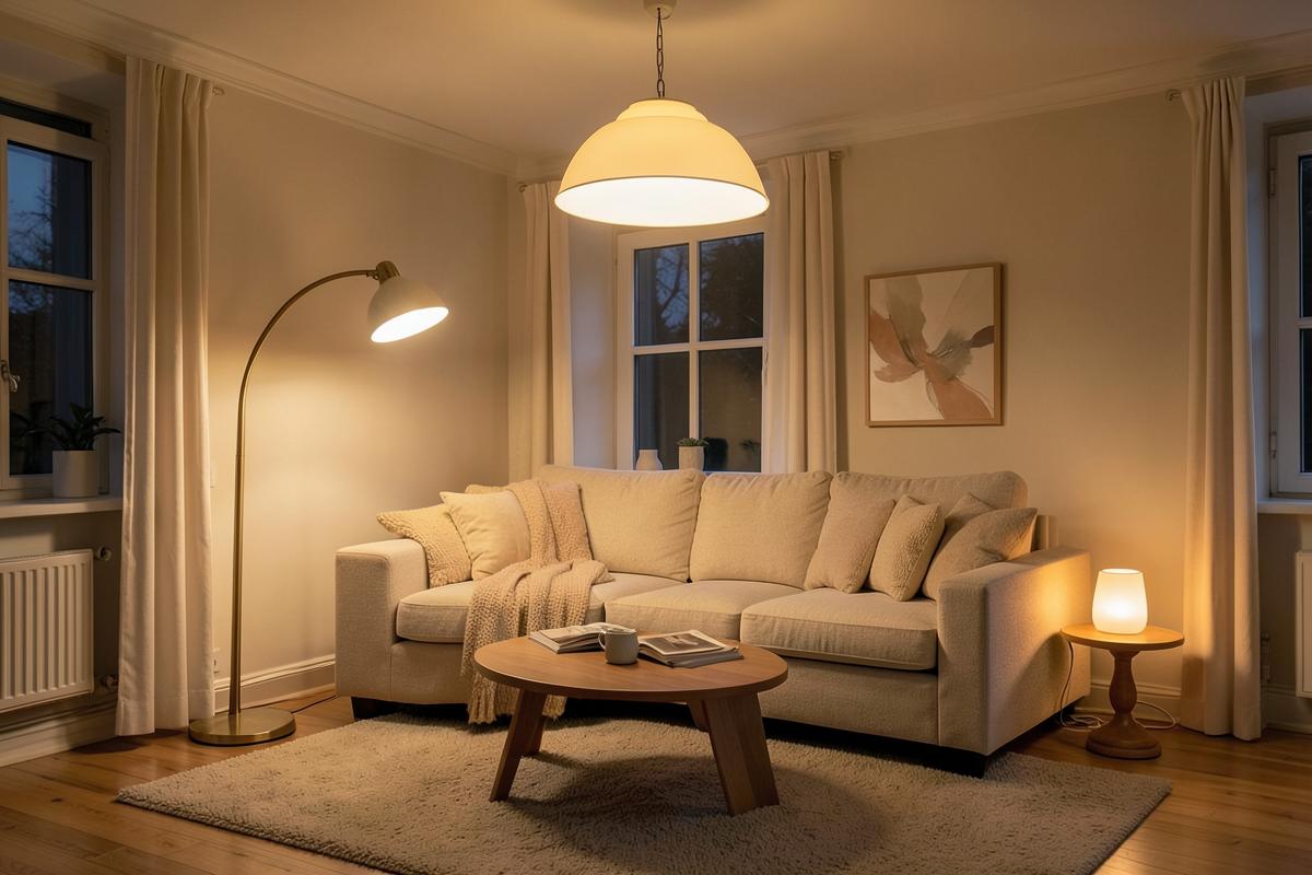 Living room in the evening with a ceiling light, an arched floor lamp and a low table lamp