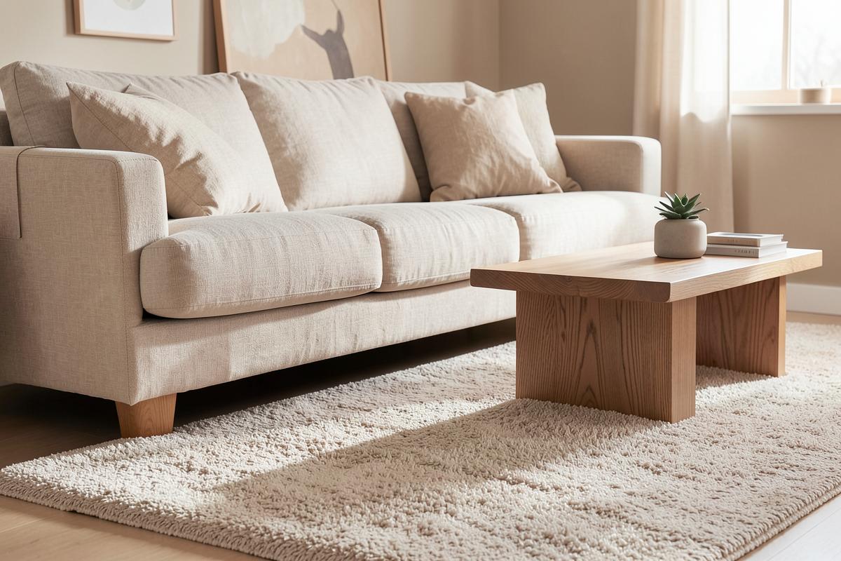 Beige linen sofa with a low oak table at the right distance and a rug reaching under the sofa legs