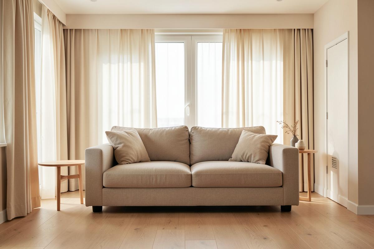 Sofa floating in the room with a slim console behind it separating the walkway