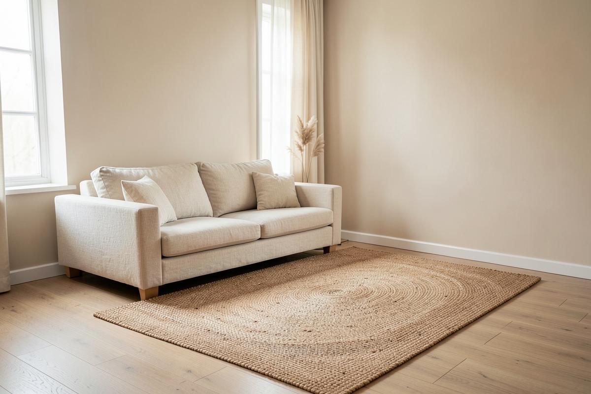 Scandinavian living room where a large jute rug separates the seating zone from the walkway
